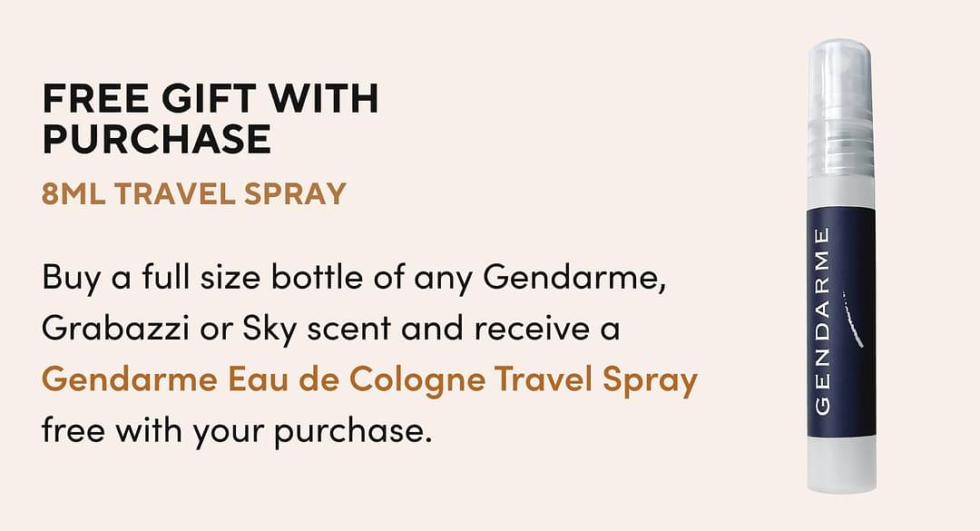 H24: 8ML TRAVEL SPRAY Buy a full size bottle of any Gendarme, Grabazzi or Sky scent and receive a <span class='text-gold-70 font-bold'>Gendarme Eau de Cologne Travel Spray</span> free with your purchase.