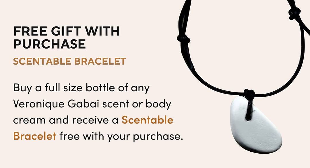 H24: SCENTABLE BRACELET Buy a full size bottle of any Veronique Gabai scent or body cream and receive a <span class='text-gold-70 font-bold'>Scentable Bracelet</span> free with your purchase.